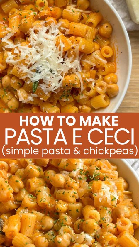 Pasta e Ceci (Pasta with Chickpeas) Recipe Pasta And Ceci, Pasta Simple Easy, Quick Lunch Pasta, Chickpea Pasta Vegan, Pasta Meals Vegetarian, Chickpeas With Pasta, Pasta E Cece, Chickpea Supper Recipes, Italian Chickpea Recipes