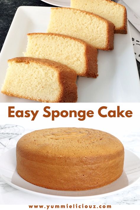 This easy sponge cake is soft, fluffy, light, and tasty! Plain Sponge Cake Recipe, Light Sponge Cake Recipe, Soft Sponge Cake Recipe, Hot Milk Sponge Cake Recipe, Easy Sponge Cake, Basic Sponge Cake Recipe, Soft Sponge Cake, Easy Sponge Cake Recipe, Sponge Cake Recipe