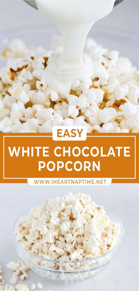 Sweet And Salty White Chocolate Popcorn, White Chocolate Peppermint Popcorn Pioneer Woman, White Popcorn Recipe, White Chocolate Popcorn Halloween, White Chocolate Peanut Butter Popcorn Recipe, Choc Covered Popcorn, White Chocolate Coated Popcorn, White Chocolate Popcorn Christmas, Chocolate Coated Popcorn