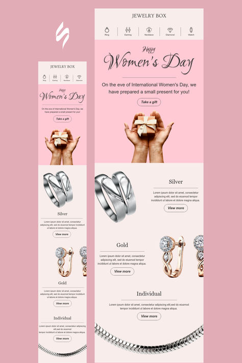 Women's Day Email Template "Jewelry box" for Jewelry industry. Create eye-catching templates that leave a lasting impact.🌠🌟 Follow us on Pinterest for design and marketing hacks! 📈💌   #womensday #stripoemail #emailtips #emailnewsletter #emailtemplate #emaildesign #emailmarketing #emaildesignlayout Mailer Design Templates Email Marketing, Newsletter Jewellery Email Design, Jewelry Email Marketing Design, Email Letter Design, Email Layout Design Inspiration, Modern Email Design, Jewelry Email Design, Email Marketing Design Newsletter Templates, Graphic Design Email