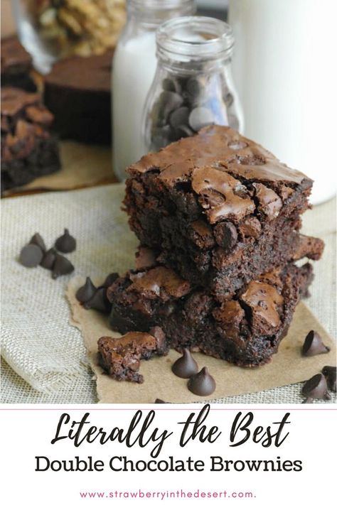 Double Dark Chocolate Brownies, Chocolate Chunk Brownies Recipe, Double Chocolate Fudge Brownies, Double Chocolate Chip Brownies, Brownies Made With Melted Chocolate Chips, Double Chocolate Recipes, Brownie With Chocolate Chips, Double Chocolate Brownies Recipe, Easy Chocolate Chip Brownies