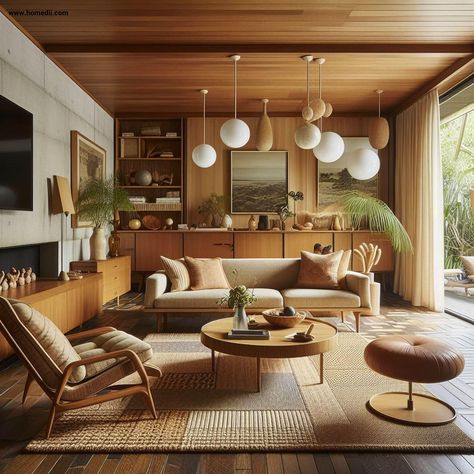 Mid Century Sitting Room Ideas, Living Room Lower Cabinets, Mcm Earth Tones, Mid Century Open Plan Living, Mid Century Living Room Colors, Midcentury Modern Great Room, Reading Nook Mid Century Modern, Mid Living Room Midcentury Modern, Midcentury Modern Home Design