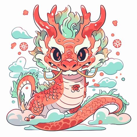 Cute cartoon red dragon Illustration on white background with clouds Dragon Cute Drawing, Cute Dragon Illustration, Cute Dragon Art, Sticker Moodboard, Dragon Line Drawing, Cute Chinese Dragon, Dragons Illustration, Chinese Dragon Illustration, Candy Dragon