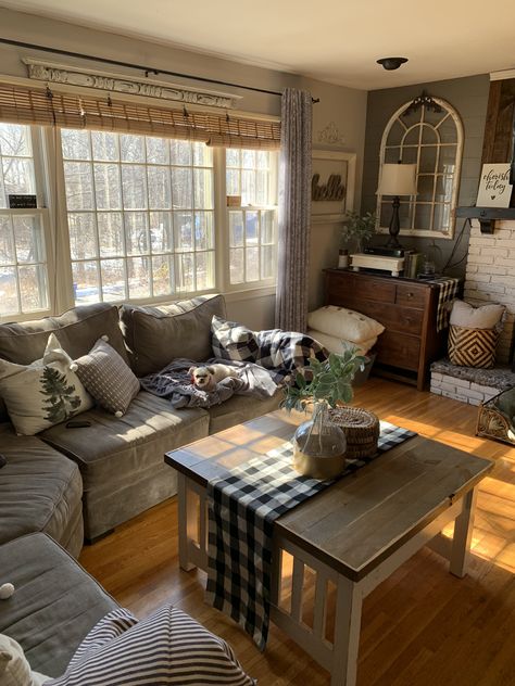 Small Living Room Ideas With Sectional Farmhouse, Living Room Couches Farmhouse, Living Room Designs Trailer, Small Farmhouse Interior Living Room, Tan Farmhouse Living Room, Doublewide Mobile Home Decorating Living Rooms, Grey And Brown Living Room Farmhouse, Living Room Ideas Dark Furniture, Farmhouse Living Room With Brown Couch