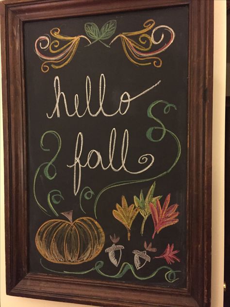 Hello fall chalkboard Autumnal Chalkboard, Hello Fall Chalkboard Art, Hello Fall Chalkboard Sign, Chalkboard Ideas For Fall, Fall Blackboard Ideas Easy, Welcome Fall Chalkboard Art, Fall Themed Chalkboard Art, Happy Fall Chalkboard Art, Chalkboard Designs Fall