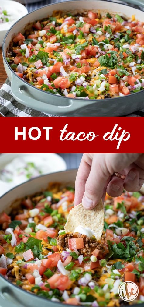 Elevate your appetizer game with this baked Hot Taco Dip, a flavorful twist on the classic taco dip. With ingredients like lean ground beef, seasoned black beans, tomatoes, onions, and a generous topping of cheese, it's a must-try for your next gathering. Quick to prepare and even quicker to disappear, it's sure to be a hit! Taco Meat Appetizer Ground Beef, Taco Dip No Cream Cheese, Hot Taco Dip Recipes, Taco Dips Recipes, Hot Dip With Ground Beef, Hot Taco Dip With Refried Beans, Seven Layer Taco Dip Refried Beans, Taco Meat Appetizer Recipes, Dips To Go With Tortilla Chips