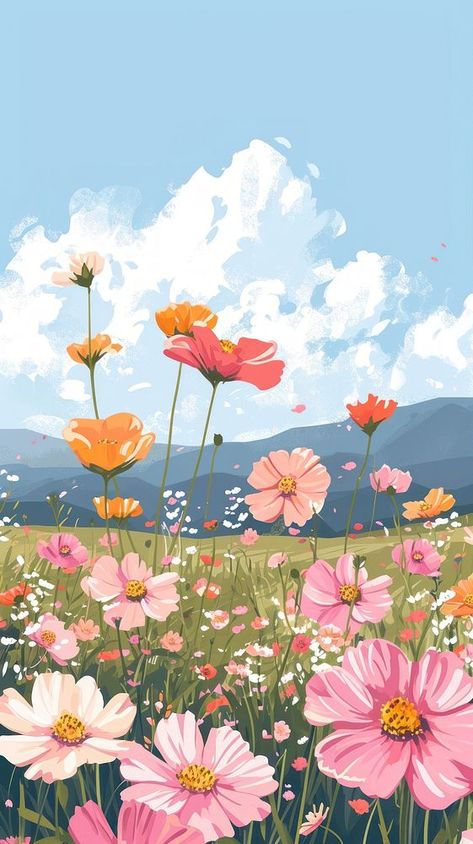 Flower Scenery Painting Easy, Wildflower Field Wallpaper, Flower Field Mural, Field Flowers Drawing, Beautiful Nature Painting, Flower Landscape Drawing, Spring Day Drawing, Flower Scenery Painting, Field Of Flowers Drawing