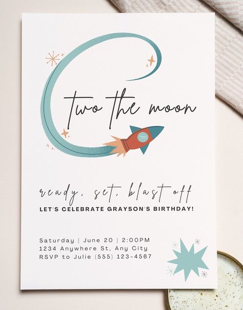 Astronaut 2nd Birthday, Two The Moon Invitation Template, Space Second Birthday, Space Party Invite, Rocketship Birthday Cake, Space Birthday Party Invitations, Space Themed 2nd Birthday Party, Blue Birthday Template, 2 The Moon Birthday Party Boy