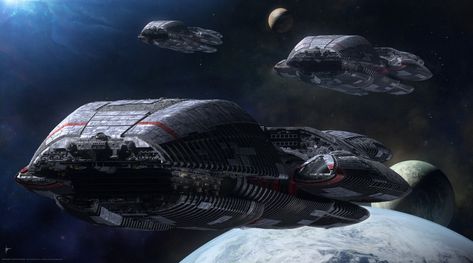 "Show of Force" - Galactica and her Jupiter Class Battlestar sisters - BSG, Robert Bonchune on ArtStation at https://www.artstation.com/artwork/m88ERy Battleship Galactica, Scifi Ships, Battlestar Galactica Ship, Starship Concept, Starship Design, Space Battles, Sci Fi Ships, Classic Sci Fi, Sci Fi Films