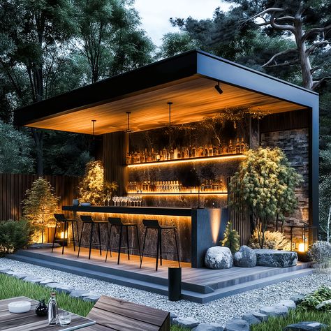 From Nature to Nook: Embracing the Outdoors with a Wood and Stone Backyard Bars - ArtistryApex.com Outdoor Open Bar Ideas, Cool Outdoor Bar Ideas, Covered Bar Outdoor, Small Backyard Shade Ideas, Outdoor Bar Area Ideas, Exterior Bar Design, Deck Bar Ideas, Outdoor Sports Bar, Hotel Pool Bar