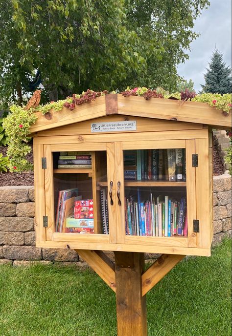 Succulent garden on the roof of our Little Free Library. Front Yard Library, Outdoor Bookshelf Ideas, Free Book Library Diy, Portable Library Ideas, Outside Book Library, Outdoor Library Design, Tiny Free Library, Outside Library Ideas, Outdoor Library Boxes