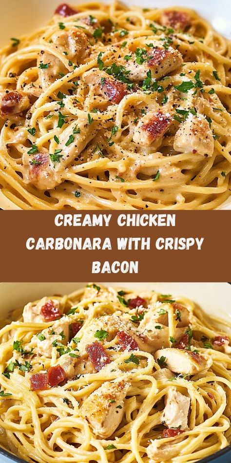 Indulge in the perfect blend of creamy, cheesy goodness and crispy bacon with this quick and delicious Chicken Carbonara. Ingredients: 2 chicken breasts, sliced into strips 200g (7 oz) spaghetti or your favorite pasta 150g (5 oz) bacon, chopped 2 large eggs 1 cup grated Parmesan cheese 2 cloves garlic, minced Salt and pepper to taste Fresh parsley, chopped (for garnish) 1/2 cup pasta water (reserved) 1 tablespoon olive oil Best Ever Chicken Carbonara, Chicken Bacon Peas Pasta, Pasta With Bacon Carbonara, Italian Chicken Carbonara, Recipe For Chicken Carbonara, Pasta Carbonara With Chicken, Weekday Food Ideas, Bacon And Cheese Pasta, Chicken Carbonara Pasta Bake