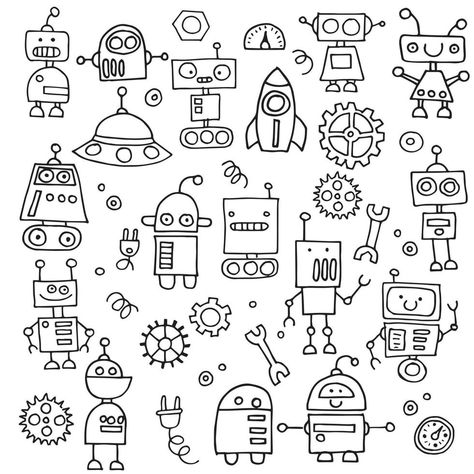 Robot Illustration Design, Cute Robot Drawing, Robot Doodle, Robot Drawing, Mural Cafe, Robot Design Sketch, Robot Theme, Illustration For Kids, Mexican Art Tattoos