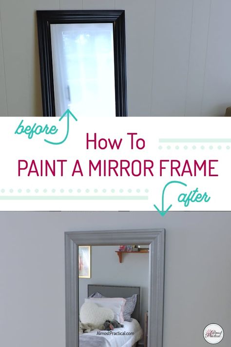 This DIY full length mirror frame makeover is an easy redo. I painted an inexpensive old black mirror silver to decorate the wall in my daughter's bedroom. Click over to see how to make one, too. #DIY #homedecor #mirror #makeover #crafts #walldecor #upcycle #homeimprovement #decorating #design #interiordesign  via @AlmostPractical Mirror Frame Makeover Paint, Paint Round Mirror Frame, Paint Mirror Ideas, How To Paint Mirror, Mirror Frame Makeover Diy, Paint Mirror Frame Diy, How To Paint A Mirror Frame, Decorate A Mirror Frame, Mirror Redo Diy