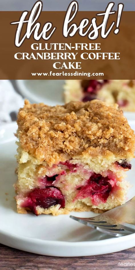 This light and fluffy Gluten-Free Cranberry Coffee Cake is topped with a thick crumb topping. The sweet-tart flavor of the cranberries and crumble topping are a match made in heaven! Make this cake in only 40 minutes! Gluten Free Holiday Desserts Christmas, Gluten Free Cranberry Recipes, Cranberry Gluten Free Recipes, Gluten Free Breakfast Cake, Christmas Breakfast Ideas Gluten Free, Gf Coffee Cake, Gf Coffee Cake Recipes, Coffee Cake Gluten Free, Cranberry Coffee Cake Recipes