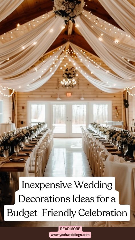 A beautifully decorated wedding venue with DIY decor, affordable centerpieces, and stylish, budget-friendly decorations creating a memorable celebration. Small Budget Wedding Decor, Wedding Decor For Small Wedding, How To Decorate Ceiling For Wedding, Wedding Decor At Home Simple, Cost Effective Wedding Decor, Rustic Wedding On A Budget Diy, Small Indoor Wedding Decorations, Inside Wedding Decor, Weddings In March