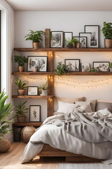 Try out these stunning and easy 22 Bedroom Refresh Ideas on a Budget the next time you want to reorganise your home. Not only are these Ideas easy to do but make such a stunning impact without breaking the bank. These simple Ideas to add Greenery, Floating Shelves, Art etc can make a huge difference. Rustic Bedroom Shelving, Bedroom Shelf Storage Ideas, Wood Shelves For Bedroom, Floating Shelf Over Queen Bed, Shelf Wall Behind Bed, Plants Over Bed Shelf, Floating Shelves Small Spaces, Inspired Modern Bedroom, Japanese Boho Decor