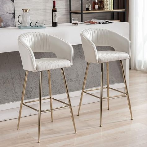 Amazon.com - QUINJAY 30" Cream Gold Bar Stools Set of 2, Velvet Upholstered High Dining Chairs with Tufted Back, Modern Kitchen Island Bar stools with Footrest Comfy Bar Stools for Kitchen Dining Room Home Pub - Chairs High Chairs For Kitchen Island, Kitchen Stools For Island, Kitchen Bar Stools With Backs, Phoenix Apartment, Kitchen Island Chair, Kitchen Island Bar Stools, High Dining Chairs, Kitchen High Chairs, White Marble Kitchen Island