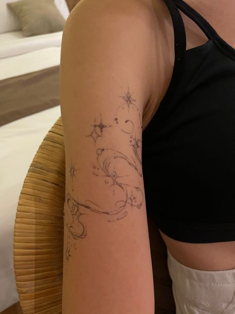 Cloud Tattoo Ribs, Sketchbook Tattoos Women, Outside Arm Tattoos For Women, Small Tattoos Constellation, Ethereal Tattoos Sleeve, Mystical Matching Tattoos, Mythical Back Tattoo, Fairy Style Tattoo, Fine Line Ornamental Tattoo Arm