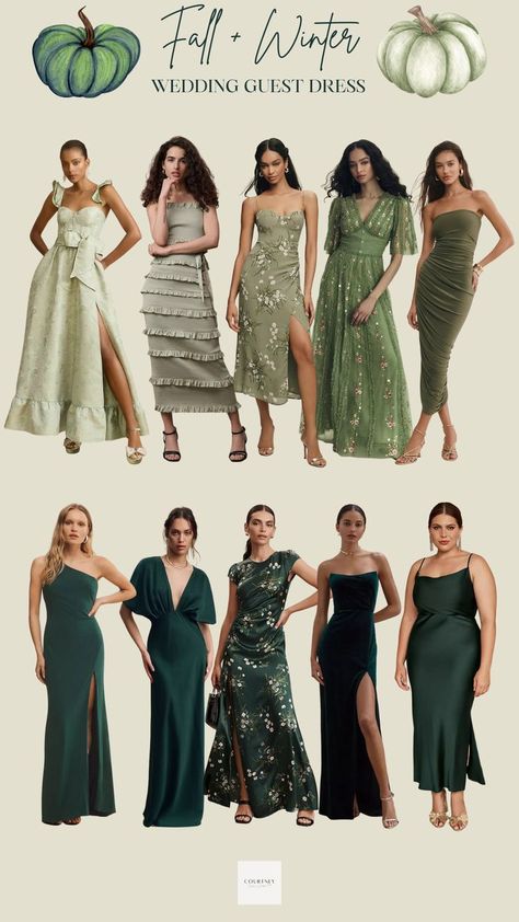 Collage highlighting a variety of green wedding guest dresses from Anthropologie, specifically curated for the fall 2023 season. The dresses, ranging from deep emerald to muted olive shades, encapsulate the rich and earthy tones of autumn. Each style showcases Anthropologie's signature fusion of bohemian artistry and modern sophistication, offering ideal choices for fall nuptial events. Green Fall Wedding, Green Wedding Guest Dresses, Forest Wedding Dress, Fall Wedding Guest Dresses, Bohemian Bridesmaid Dress, Wedding Guess, V Chapman, Olive Green Weddings, Bohemian Wedding Guest