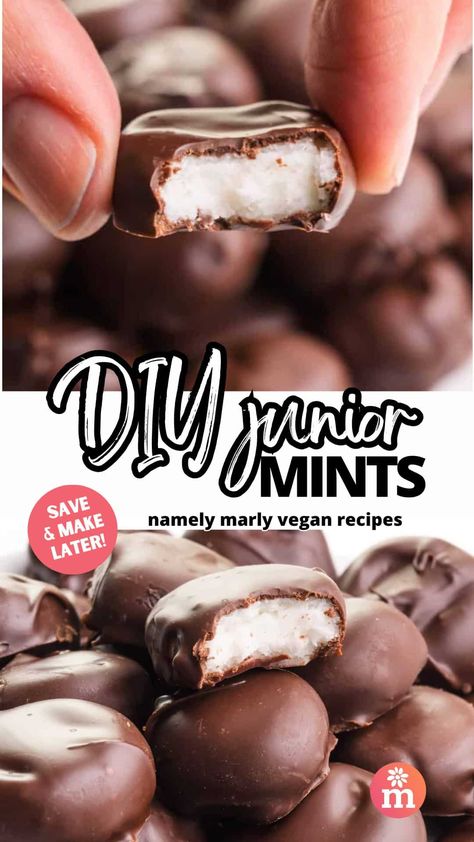 Watching a movie? There's no better snack than crunchy, buttery, popcorn combined with these dark chocolate Vegan Junior Mints! Imagine creamy mint filling coated in rich dark chocolate. These treats are dairy-free and vegan and perfect for any chocolate lover! Dairy Free Chocolate Candy, Mint Filling For Chocolates, Homemade Junior Mints, Mint Bars, Accidentally Vegan Foods, Junior Mint, Mint Chocolate Candy, Buttery Popcorn, Lunchbox Recipes