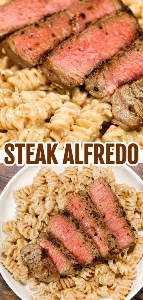 Steak Alfredo is an easy dinner recipe with creamy garlic parmesan pasta topped with tender slices of eye of round steak. Easy Dinners With Steak, Non Pasta Dinner Ideas, Healthy Dinner Recipes Healthy, New Diner Ideas, Quick And Easy Dinner Recipes Steak, Quick Dinner Ideas Steak, Dinner Ideas For Steak, Different Food Ideas Dinners, Good Meal Recipes