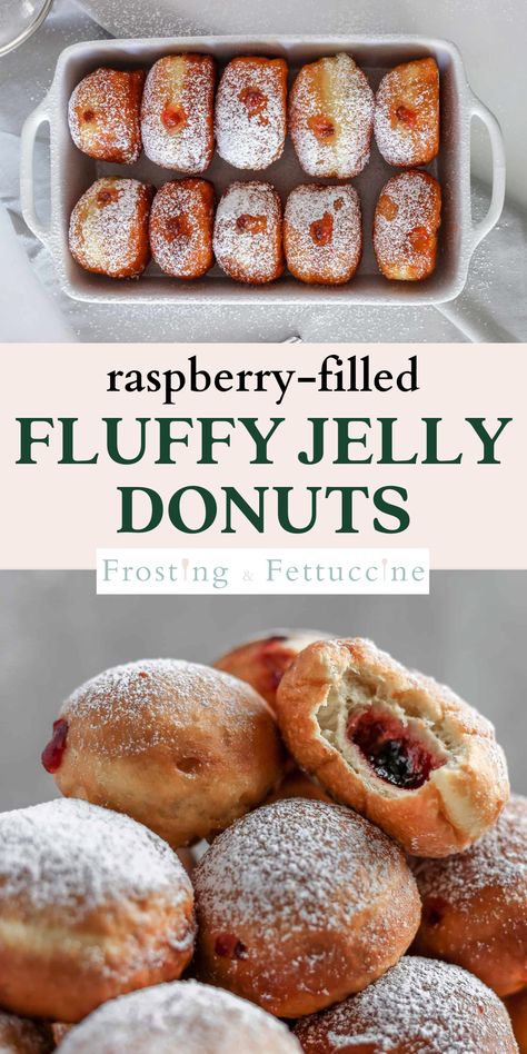 Lemon Raspberry Doughnut, Raspberry Filled Doughnut, Raspberry Jelly Donut, Strawberry Filled Doughnut, Raspberry Donut Filling, Homemade Jelly Filled Donuts Recipe, Powdered Jelly Donut, Baked Jelly Filled Donuts Recipe, Jelly Filled Muffins