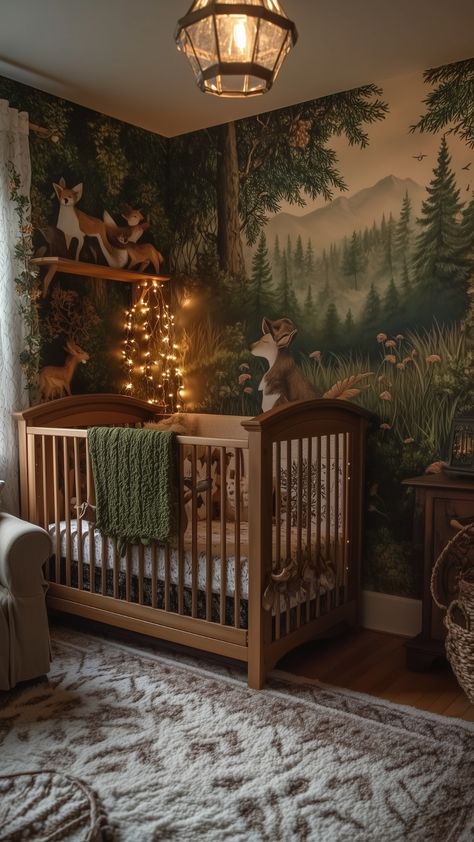 cozy woodland nursery with forest mural and animal decor