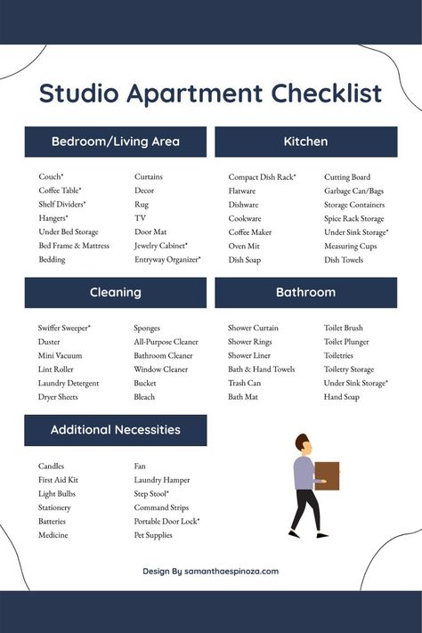 Studio Apartment Checklist Studio Apartment Necessities, First Studio Apartment Checklist, Studio Apartment Checklist, Apartment Move In, Clean Shower Liner, Ikea Small Apartment, Studio Apartment Storage, New Apartment Checklist, Move In Checklist