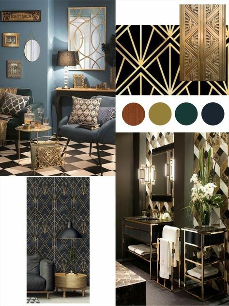 Artdeco Interiors Living Room, Great Gatsby Interior Design, Art Deco Moodboard, Gatsby Interior Design, Art Deco Bedroom Ideas, Art Deco Color Palette, Art Deco Mood Board, Artdeco Interiors, Art Deco Style Interior