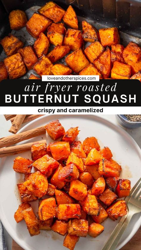 Air Fryer Butternut Squash Butternut Squash Air Fryer, Squash Air Fryer, Butter Squash Recipe, Air Fryer Butternut Squash, Butternut Squash Side Dish, Spiced Butternut Squash, Butternut Recipes, Butternut Squash Recipe, Frozen Butternut Squash