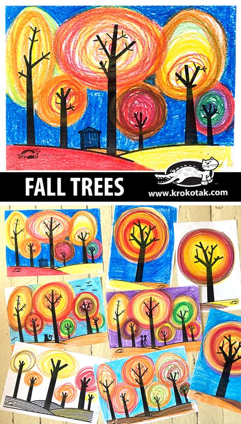 krokotak | FALL TREES Color Lessons For Elementary Art, Fall Art Project 3rd Grade, Fall Mosaic Art Projects, 1st Grade Art Projects Back To School, September Elementary Activities, Kindergarten September Art, Halloween Story And Craft, September Crafts For Middle School, Fall Classroom Art Projects