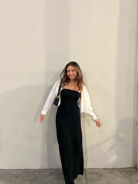 black sleeveless dress with white cover up Black Sleeveless Dress Outfit, Maxi Dress And Cardigan Outfit, Sleeveless Cardigan Outfit, Dress With Outer, Black Dress And Cardigan, Dress And Cardigan Outfit, White Cardigan Outfit, Sleeveless Dress Outfit, White Cover Up