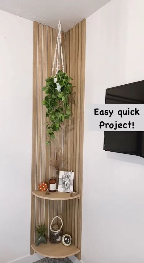 How to Build a Decorative Corner Slat Wall in 6 Simple Steps | Hometalk Corner Slat Wall, Small Corner Decor, Corner Decorating Ideas, Corner Wall Decor, Corner Shelf Ideas, Mirror Decor Living Room, Diy Projects For The Home, Decorative Corner, Corner Plant