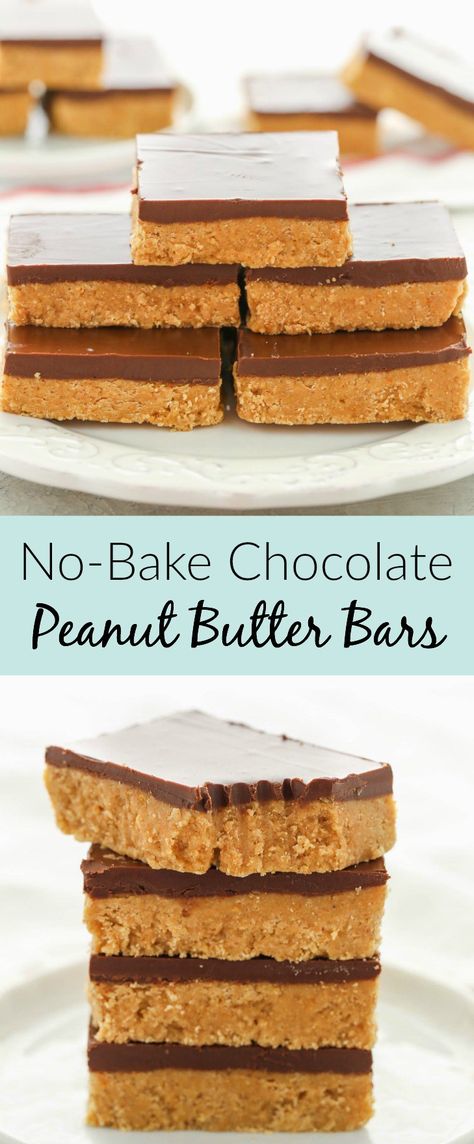 These No-Bake Chocolate Peanut Butter Bars only require 5 simple ingredients and can be prepared in about 10 minutes. The perfect easy dessert for chocolate and peanut butter lovers! Chocolate Peanut Butter Bars, Smores Dessert, Fast Desserts, Peanut Butter Snacks, Peanut Butter Chocolate Bars, Chocolate And Peanut Butter, Dessert Simple, Butter Bars, Quick Easy Desserts