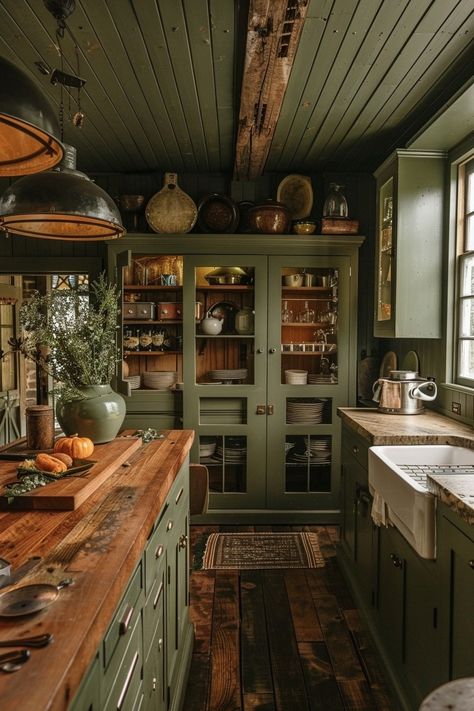 20 Olive Green Kitchen Ideas For Your Next Makeover! - My Decor Inspo Transitional Green Kitchen, Green Cubords Kitchen, Kitchen Ideas With Green Cabinets, Green Cottage Core Kitchen, Green Kitchen Cabinets With Wood Counter, Green Kitchen Cabinets Diy, Olive Green Kitchen Ideas, Earthy Kitchen Cabinet Colors, Dark Olive Kitchen Cabinets