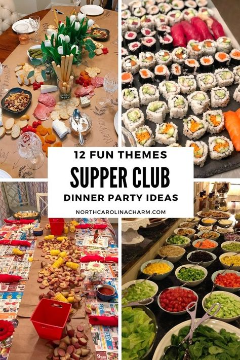 House Party Dinner Ideas, Theme Family Dinner Ideas, Group Food Themes, Dinner For Bunco Group, Dinner Ideas For Party Entertaining, Lunch Themes Party, Supper Club Appetizers, Family Dinner Night Themes, Easy Dinner For Friends Parties