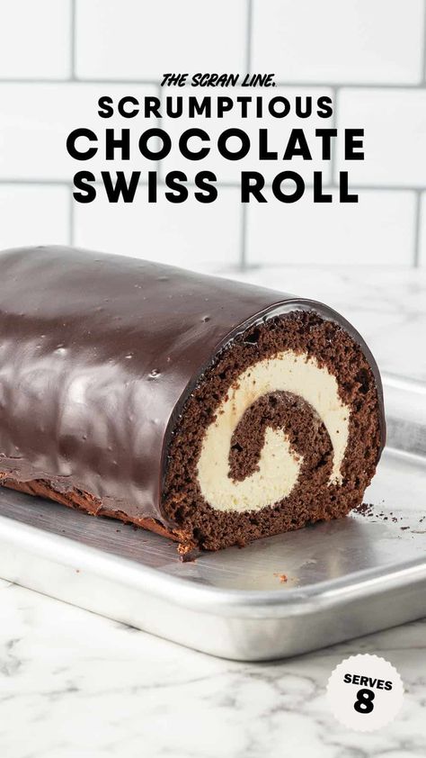 Chocolate Swiss Roll Cake Choc Swiss Roll Recipe, Chocolate Swiss Roll Cake, Swiss Roll Cake Recipe, Chocolate Cake Roll, Dessert Person, Roll Cake Recipe, Swiss Roll Cakes, Jelly Roll Cake, Swiss Cake