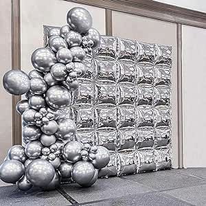 Foil Balloon Backdrop Ideas, Foil Balloon Arch, Mylar Balloon Arch, Square Balloon Backdrop, Silver Balloon Wall, Foil Balloon Wall, Silver Balloon Garland, Balloons Art, New Year Backdrop