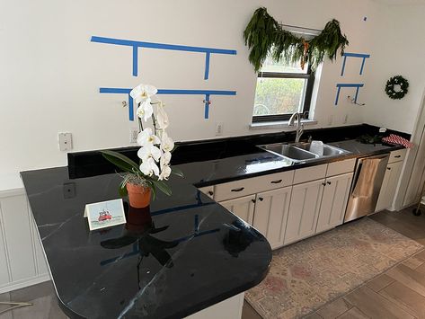 Paint And Epoxy Countertops, Appliance Epoxy Countertop, Black Epoxy Countertop Kitchens, Faux Black Marble Countertop, Black Epoxy Countertops, Diy Black Marble Countertops, Faux Soapstone Countertops Diy, Black Epoxy Countertop, Black Laminate Countertops