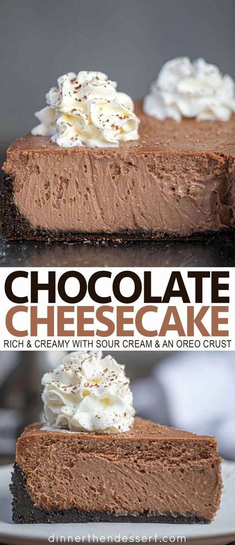 Chocolate Cheesecake made in a rich and creamy New York style with sour cream and an Oreo Crust, plus water bath instructions to prevent cracking. #cheesecake #oreo #chocolate #dessert #dinnerthendessert #chocolatecheesecake Oreo Crust Cheesecake, Cheesecake Oreo, Oreo Chocolate, Chocolate Cheesecake Recipes, Homemade Vanilla Ice Cream, Chocolate Chip Cheesecake, Cheesecake Chocolate, Oreo Crust, Chocolate Cheese