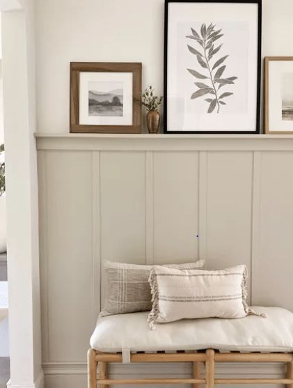 White And Beige Board And Batten, Small Entryway Ideas Board And Batten, Trim Halfway Up Wall, Greige Board And Batten, Magnolia Living Room Ideas, Wall Scones Decor Ideas, Board And Batten Hallway, Board And Batten Entryway, Board And Batten Wall