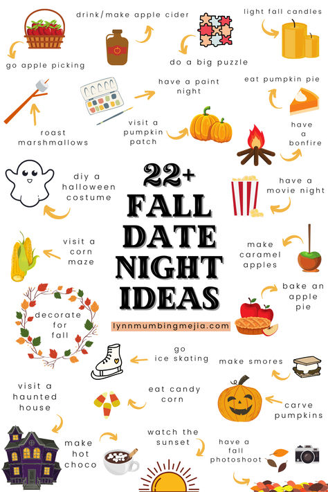 22+ Fall Date Night Ideas | Lynn Mumbing Mejia Fall Date Checklist, Couple Things To Do In Fall, Fall Craft Date Night, Letter Date Ideas, Fall List Of Things To Do Couples, Couples Night In Ideas, Date Ideas With Husband, Date Idea For Boyfriend, Date Ideas Seasonal