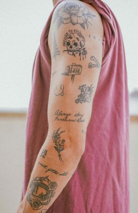 50 Patchwork Tattoos to Make You Start a Sleeve - Body Artifact Mens Tattoos Small Arm, Patchwork Tattoo Ideas Man, Constant Improvement Tattoo, Outcast Tattoo Ideas, Mens Patch Work Tattoos, Patch Sleeve Tattoos For Guys, Upper Arm Patchwork Tattoo, Coin Tattoo Ideas, Mbdtf Tattoo