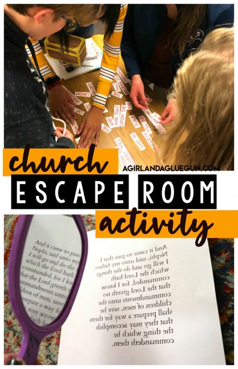 Church Activity-Escape Room! - A girl and a glue gun Lds Scripture Escape Room, Group Night Ideas, Back To School Yw Activities, Lds Escape Room Activity Free, Escape Room Bible Theme, Book Of Mormon Escape Room, Church Escape Room Ideas, Church Scavenger Hunt Youth Groups, Free Bible Escape Room Printable