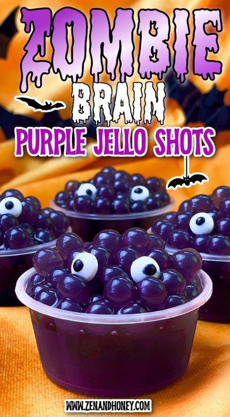 Purple Jello Shots – You’re going to enjoy these creepy zombie brain Purple Jello Shots that are perfect for Halloween parties and special occasions. Made with sour berry liqueur, blueberry bobas and grape jello, they taste amazing and look insanely spooky! Jello Shots For Birthday Party, Halloween Infused Treats, Boba Jello Shots, Grape Alcohol Drink, Halloween Jello Recipes, Pudding Shots Alcoholic Halloween, Kid Jello Shots, Zombie Jello Shots, Purple Jell-o Shots