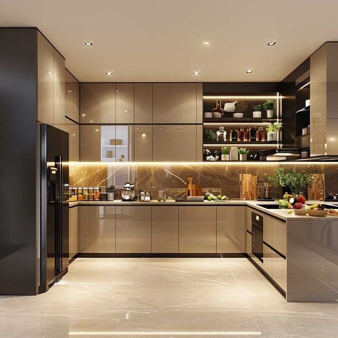 2 Side Kitchen Ideas, Custom Kitchen Cabinets Modern, Small Kitchen Ideas Modern Luxury, Kitchen Interior Modern, Model Dapur, Minimal Kitchen Design, Elegant Kitchen Design, Latest Kitchen Designs, Desain Pantry