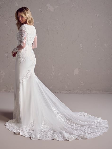 Modest Fit And Flare Wedding Dress, Fit And Flare Wedding Dress With Sleeves, Trumpet Wedding Dress With Sleeves, Mermaid Wedding Dress Modest, Modest Wedding Dresses Lds, Rebecca Ingram Wedding Dresses, Fitted Wedding Gown, Wedding Dresses Lds, Wedding 101