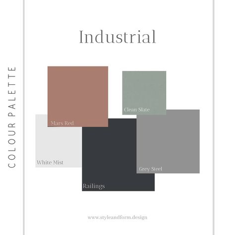 Industrial Interior Design Style Colour Palette Industrial Color Palette, Freelance Branding, Popular Interior Design Styles, Lounge Interior, Garage Organizer, Color Palette Interior Design, Showroom Ideas, Popular Interior Design, Loft Industrial