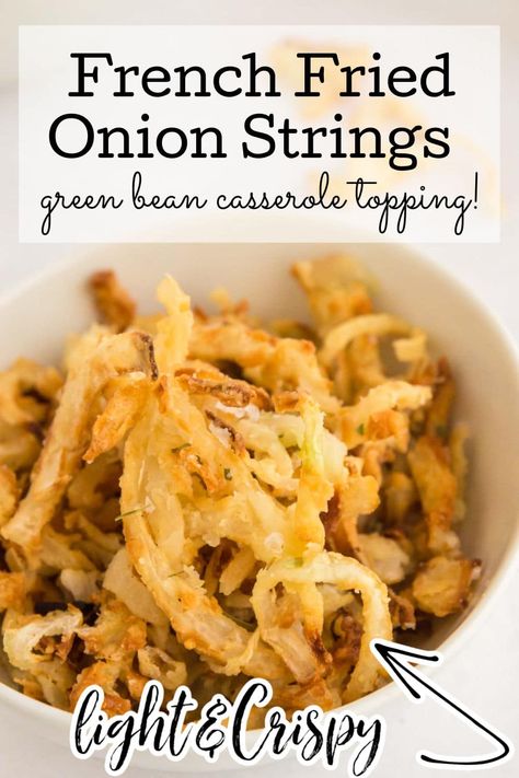 This homemade copycat French's onion strings recipe is way too easy not to try it yourself! Get out your air fryer and a few simple ingredients and in no time, you'll be enjoying that extra bit of crispy, oniony, salty crunch on top of everything from casseroles to burgers to soups and more! How To Make Homemade French Fried Onions, Homemade Fried Onions For Casserole, Homemade Fried Onion Topping, Air Fryer French Fried Onions, Air Fried Onion Straws, Crispy Onion Straws Air Fryer, Air Fryer Crispy Fried Onions, Homemade Crispy Onions, Air Fryer Crispy Onion Straws